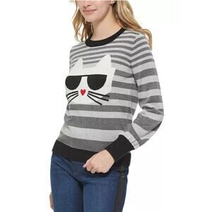 Karl Lagerfeld grey striped cat sweater size large Sparkle Retro Whimsical Y2K